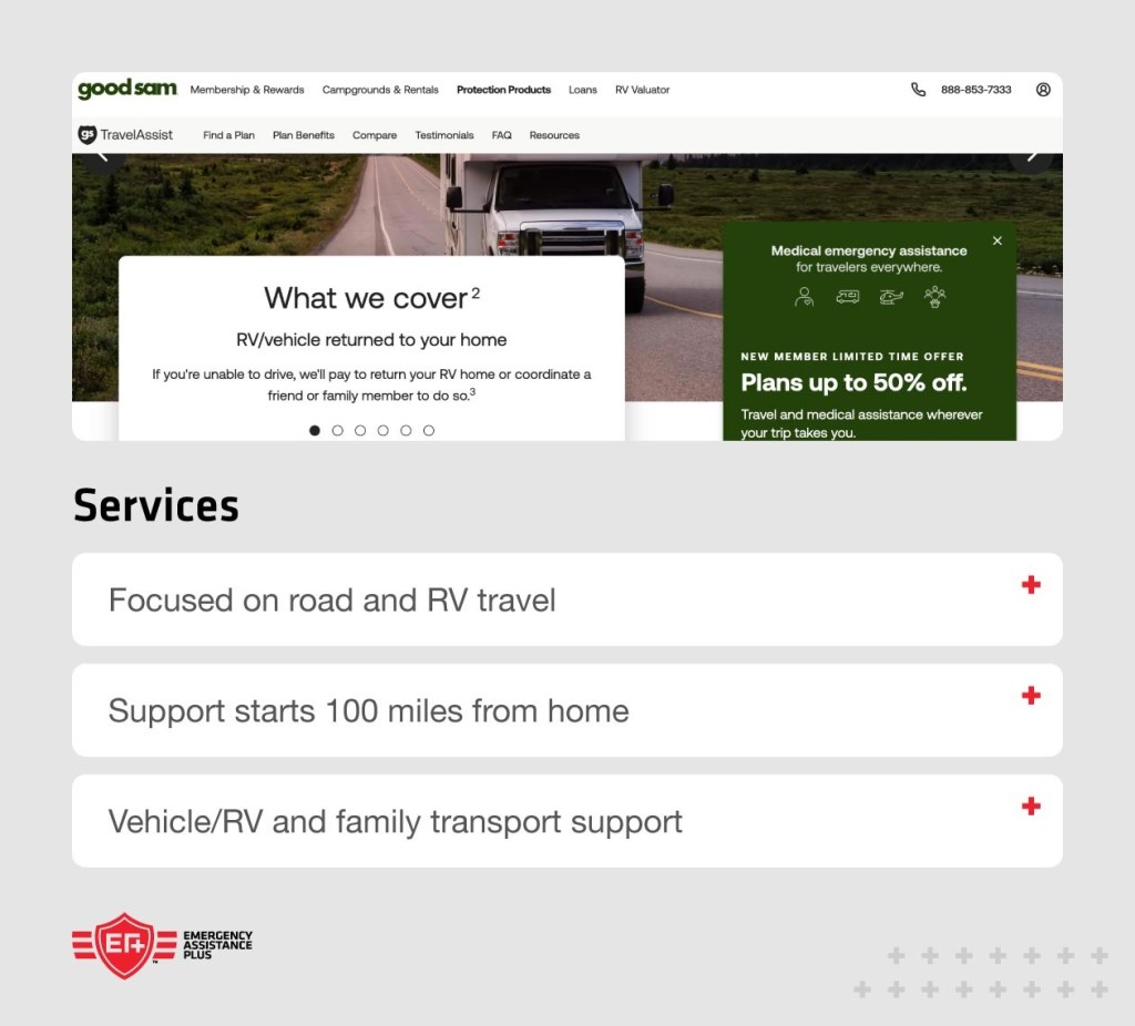 Good Sam website with callouts including vehicle/RV and family transport, and benefits start 100 miles from home