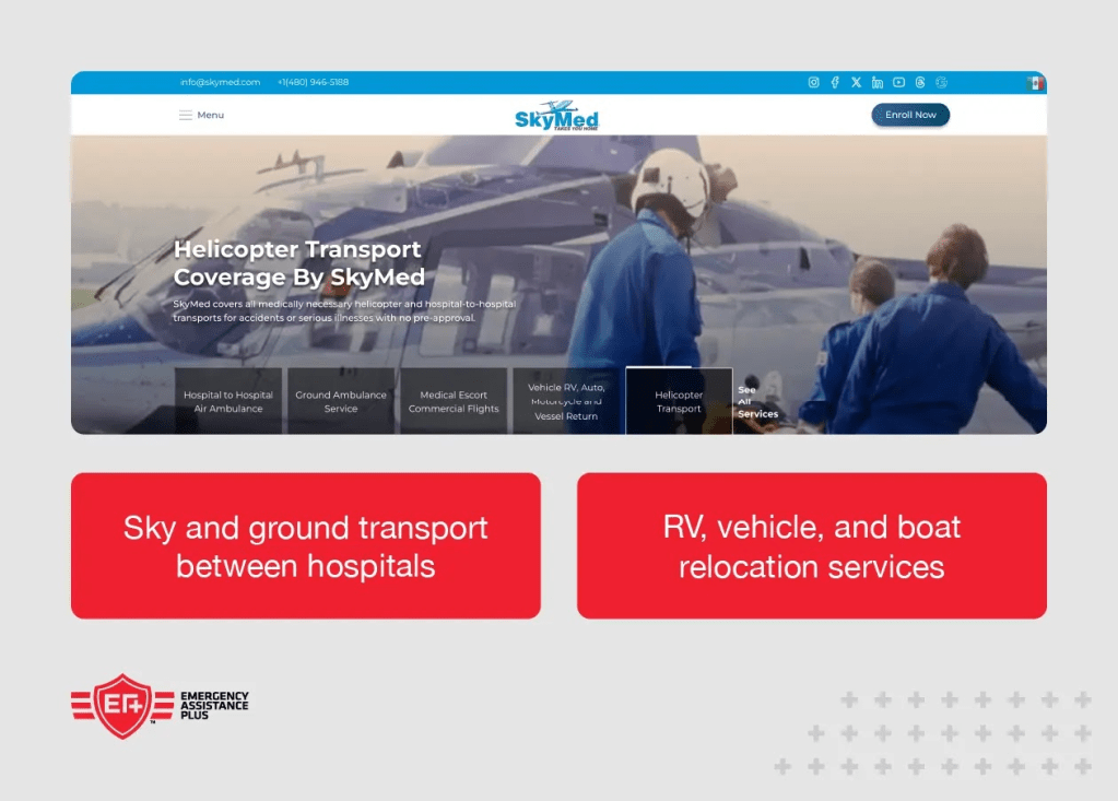 screenshot of SkyMed website with annotations including “RV, vehicle, and boat relocation services.