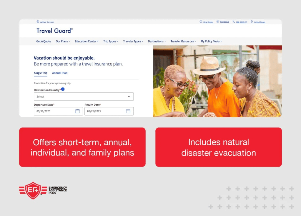 screenshot of Travel Guard MedEvac Plan website with annotation including “Includes natural disaster evacuation"