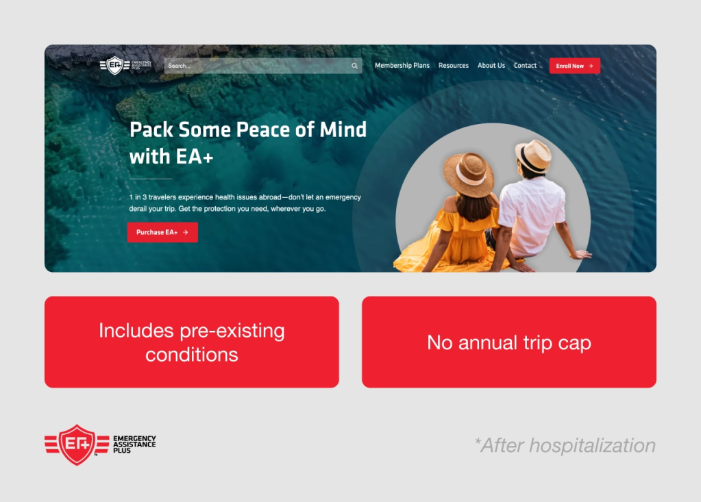Screenshot of EA+ website with annotations “Includes pre-existing conditions"