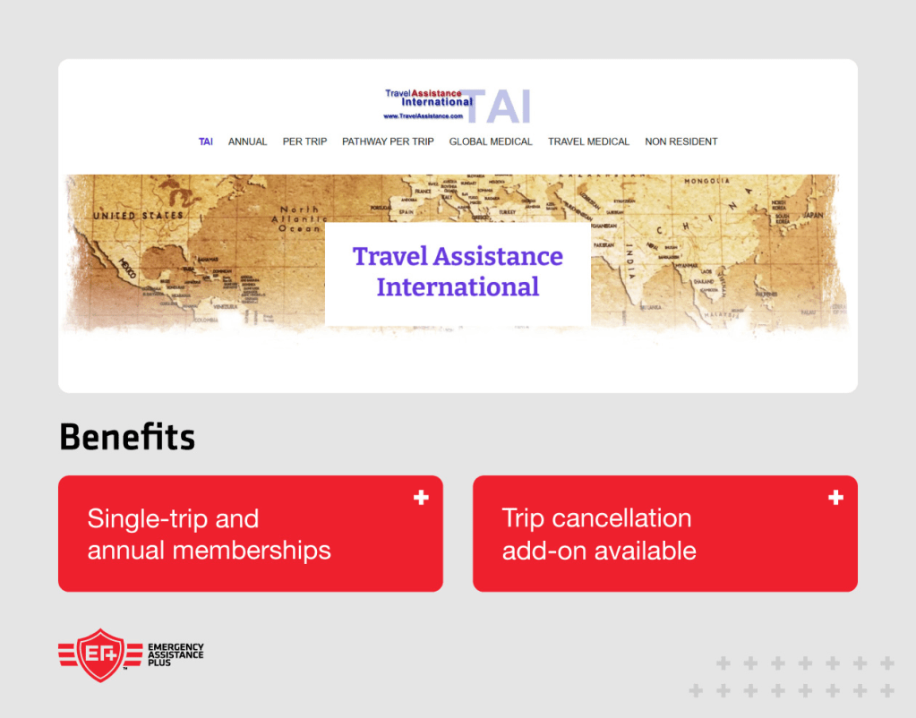 Screenshot of Travel Assistance International (TAI) website with annotation “single-trip and annual memberships’
