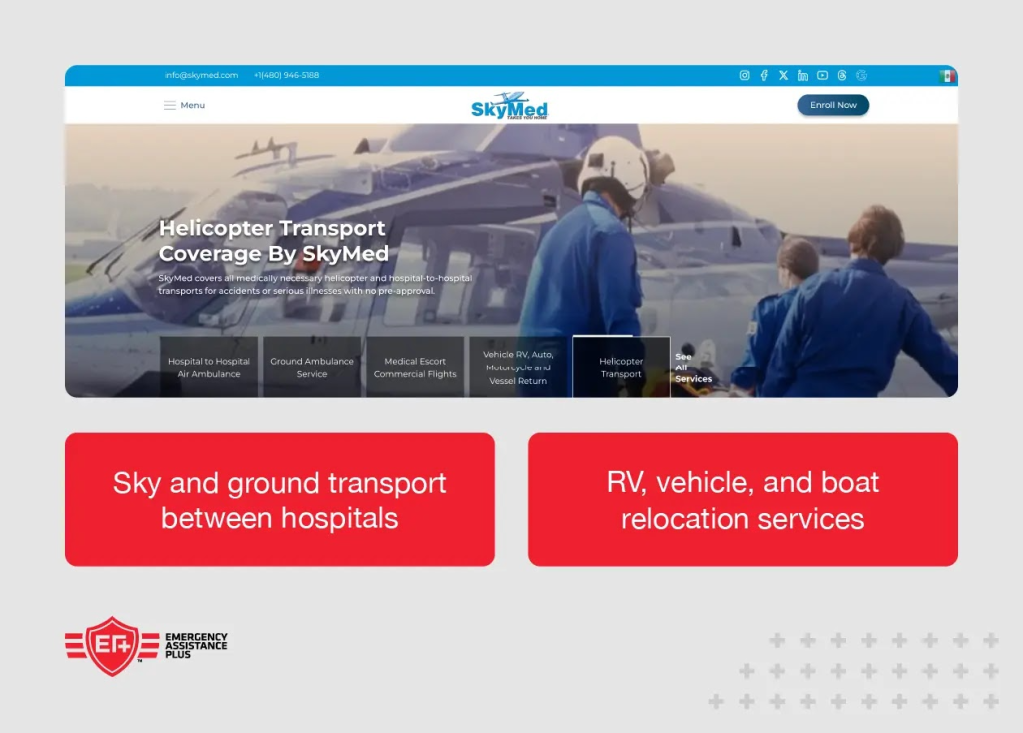 Screenshot of SkyMed website with annotations highlighting sky and ground transport between hospitals