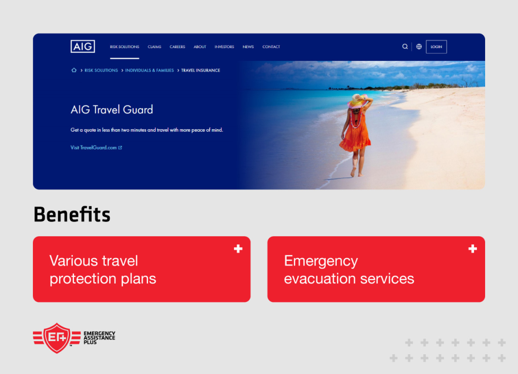 Screenshot of AIG travel guard website with annotations “emergency evacuation services"