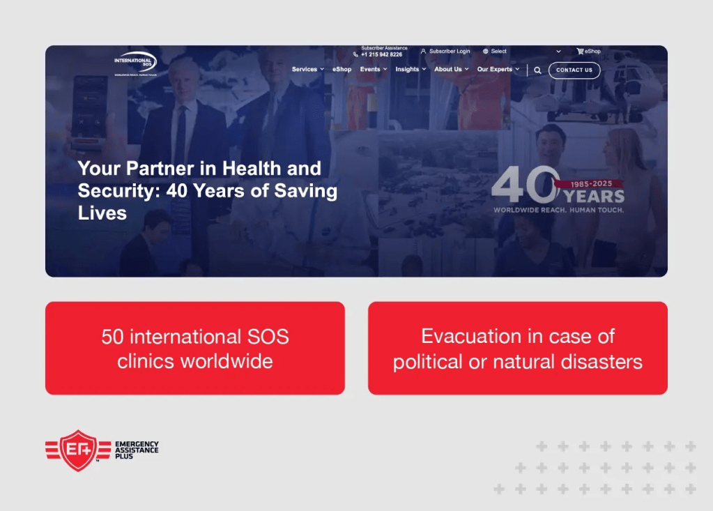 Screenshot of International SOS website with annotations highlighting 50 clinics worldwide
