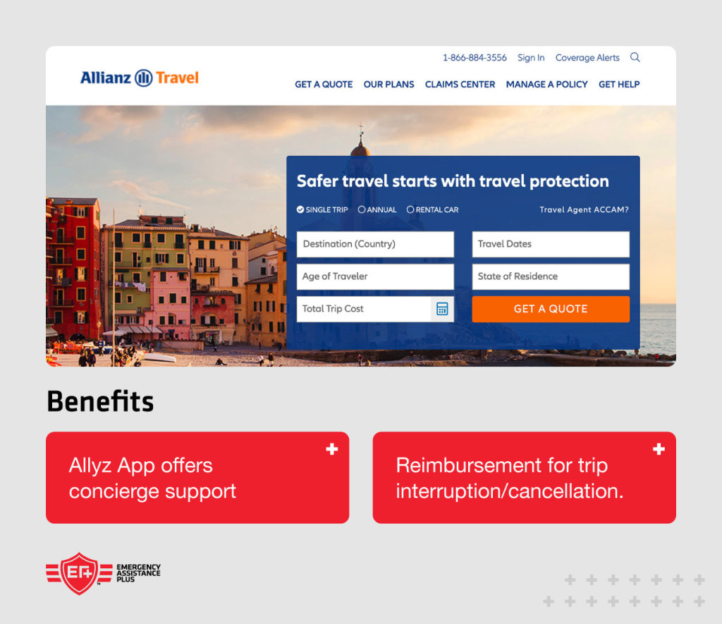 Screenshot of Allianz Membership website with annotations “Trip interruption/cancellation reimbursement”