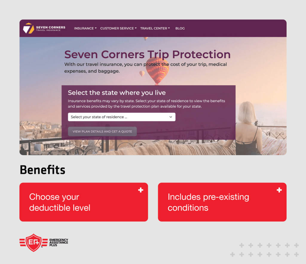 Screenshot of Seven Corners travel insurance website with pros “roadside support and includes travel accident insurance”