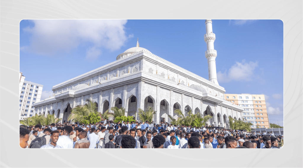 Thousands of worshippers gather at the iconic Ali Jimale Mosque to celebrate Eid al-Fitr, marking the end of Ramadan.
