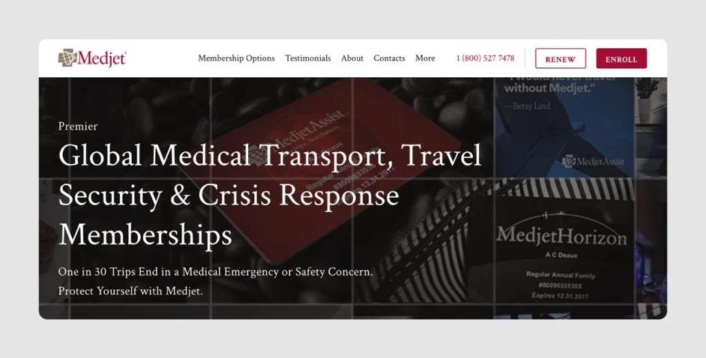 Medjet Assist website showing caption “Global Medical Transport, Travel Security & Crisis Response Memberships